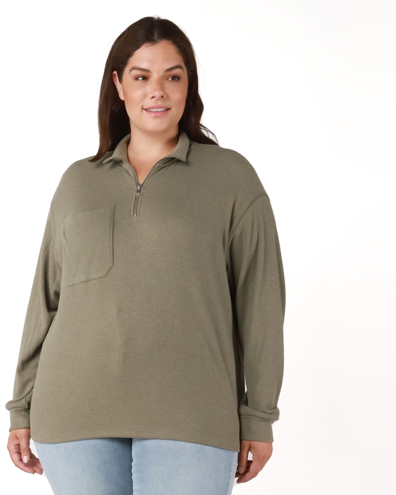 Front of a model wearing a size 0X Loretta Zip Front Polo Top in Olive Green by DEX PLUS. | dia_product_style_image_id:234112
